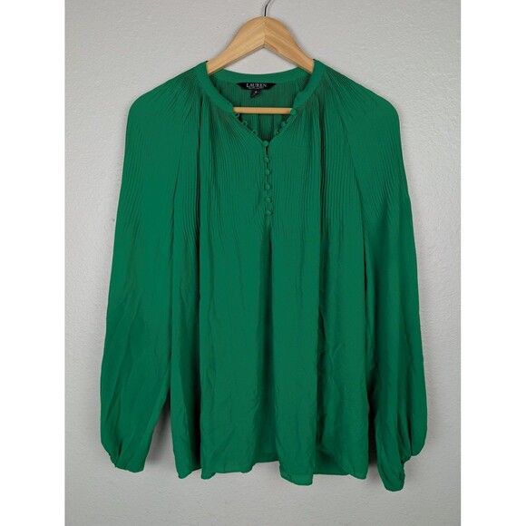 Ralph Lauren Blouse Black Label Medium Green Pleated Long Sleeve Button Top - Picture 1 of 8